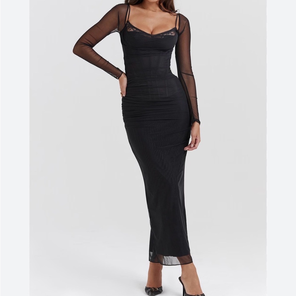 House of CB Elegant Black Mesh Long Sleeve Dress